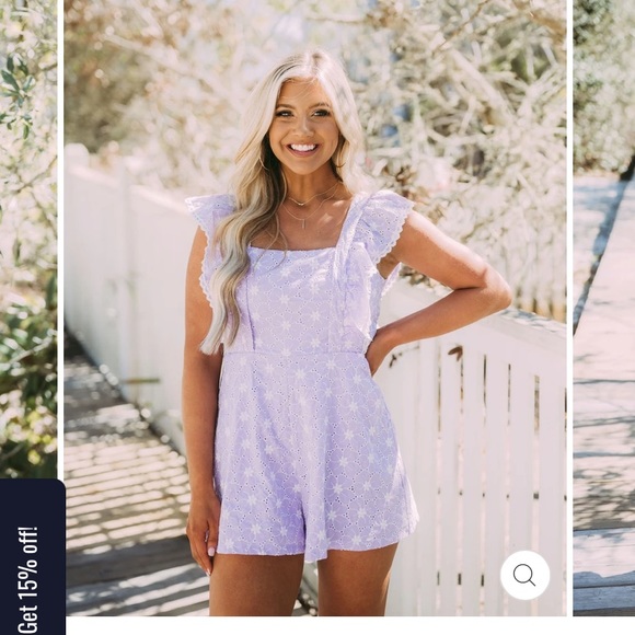 Eyelet Pocketed Lace Romper- Lavender - Picture 2 of 5